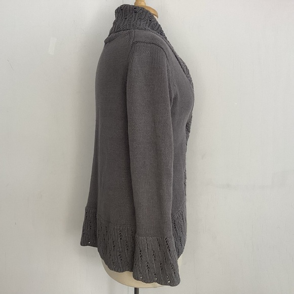 Sigrid Olsen gray cotton knit shawl collar/ open knit peplum and belled cuffs M - Picture 2 of 9